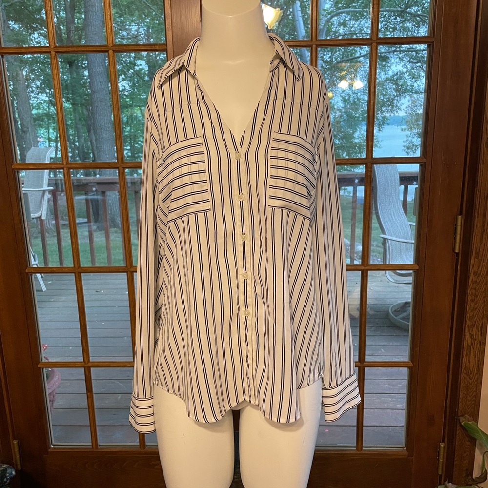 Black and white stripped button down blouse